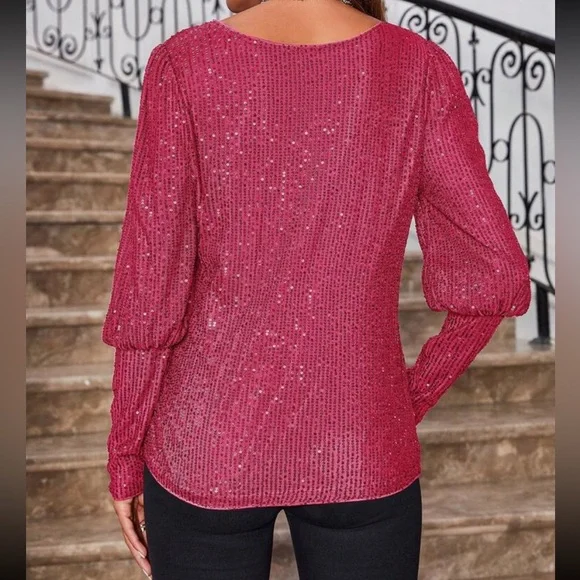 Luxe Sequin Cuff Long Sleeve Evening Party Formal Top Blouse Shirt Hot Pink - Picture 2 of 11